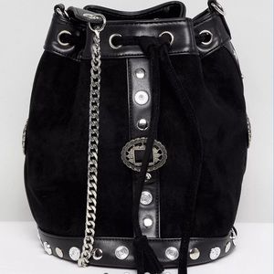 Black Suede Drawstring Crossbody Bucket Bag